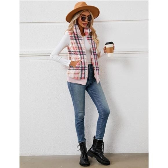 New Womens Fuzzy Fleece Vest, Casual Warm Sleeveless Zip Up Sherpa Vest - Picture 6 of 6